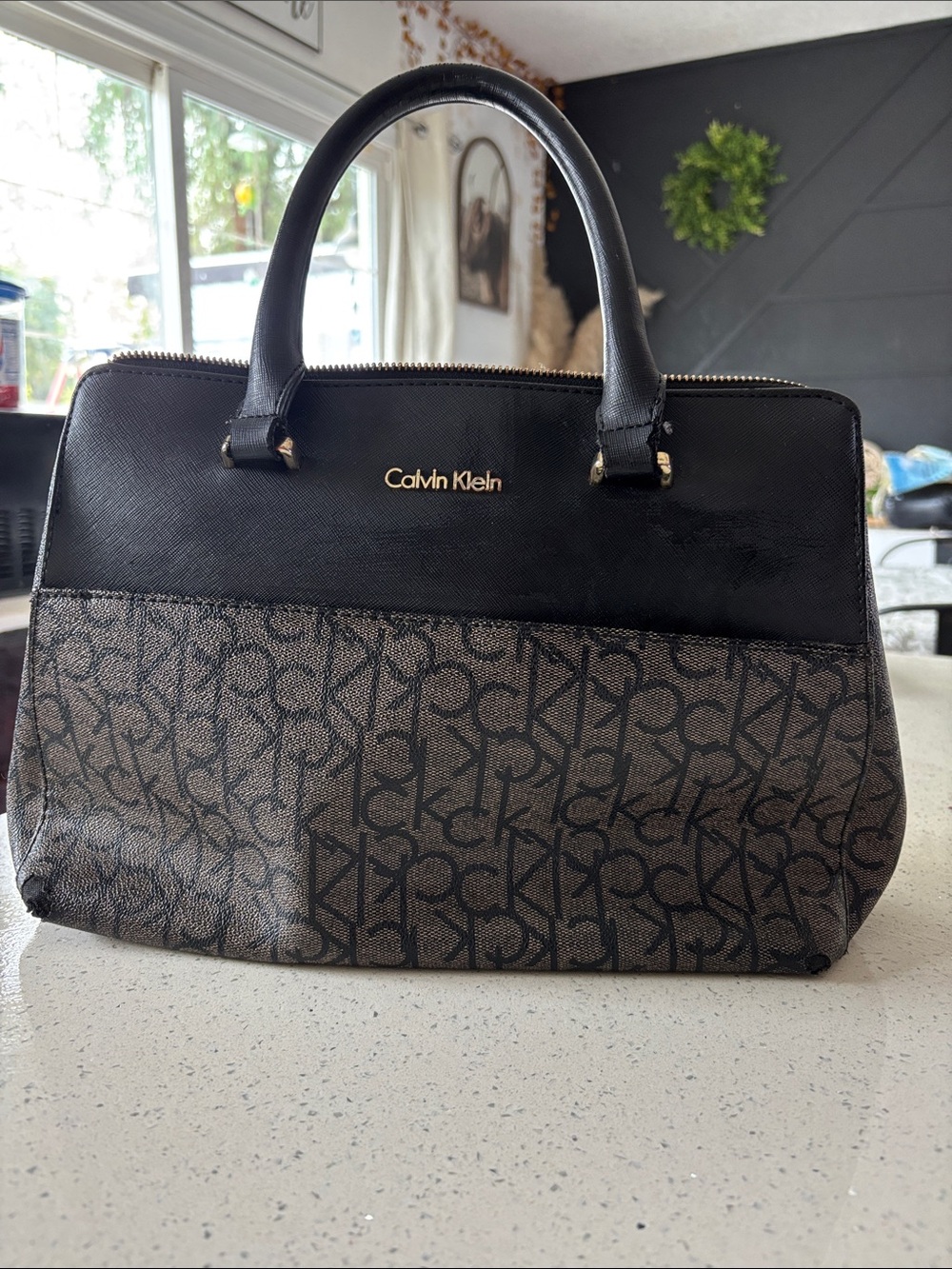 Calvin Klein Black & Brown Monogram Satchel